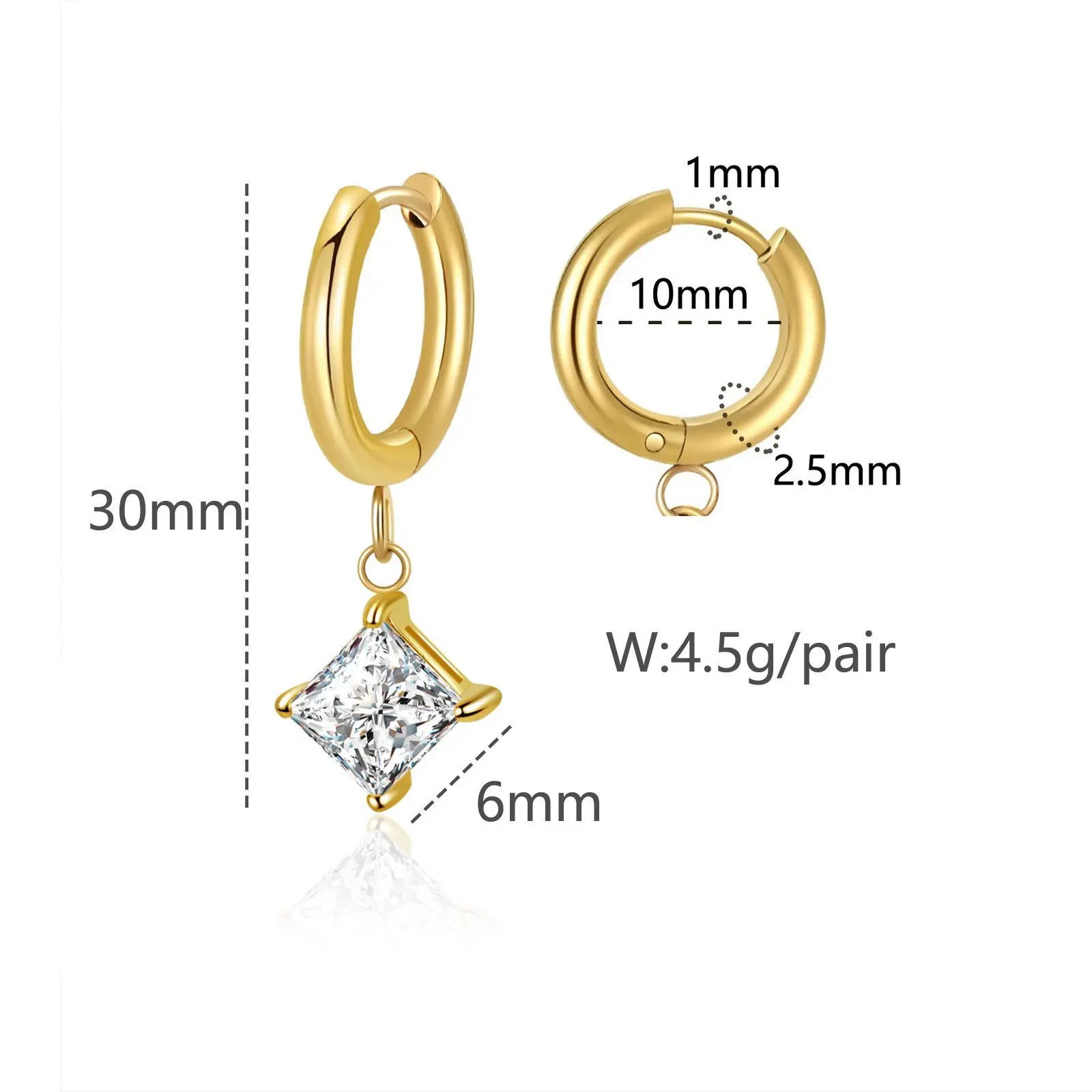 New Stainless Steel Shinny Zircon Square Hoop Earring for Women Gold Plated Jewelry