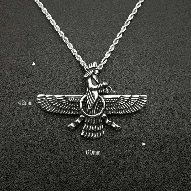 Vintage Punk Style Iran Faravahar Ahura Mazda Pendants Necklaces for Men Women 316L Stainless Steel Zoroastrian Jewelry Gift