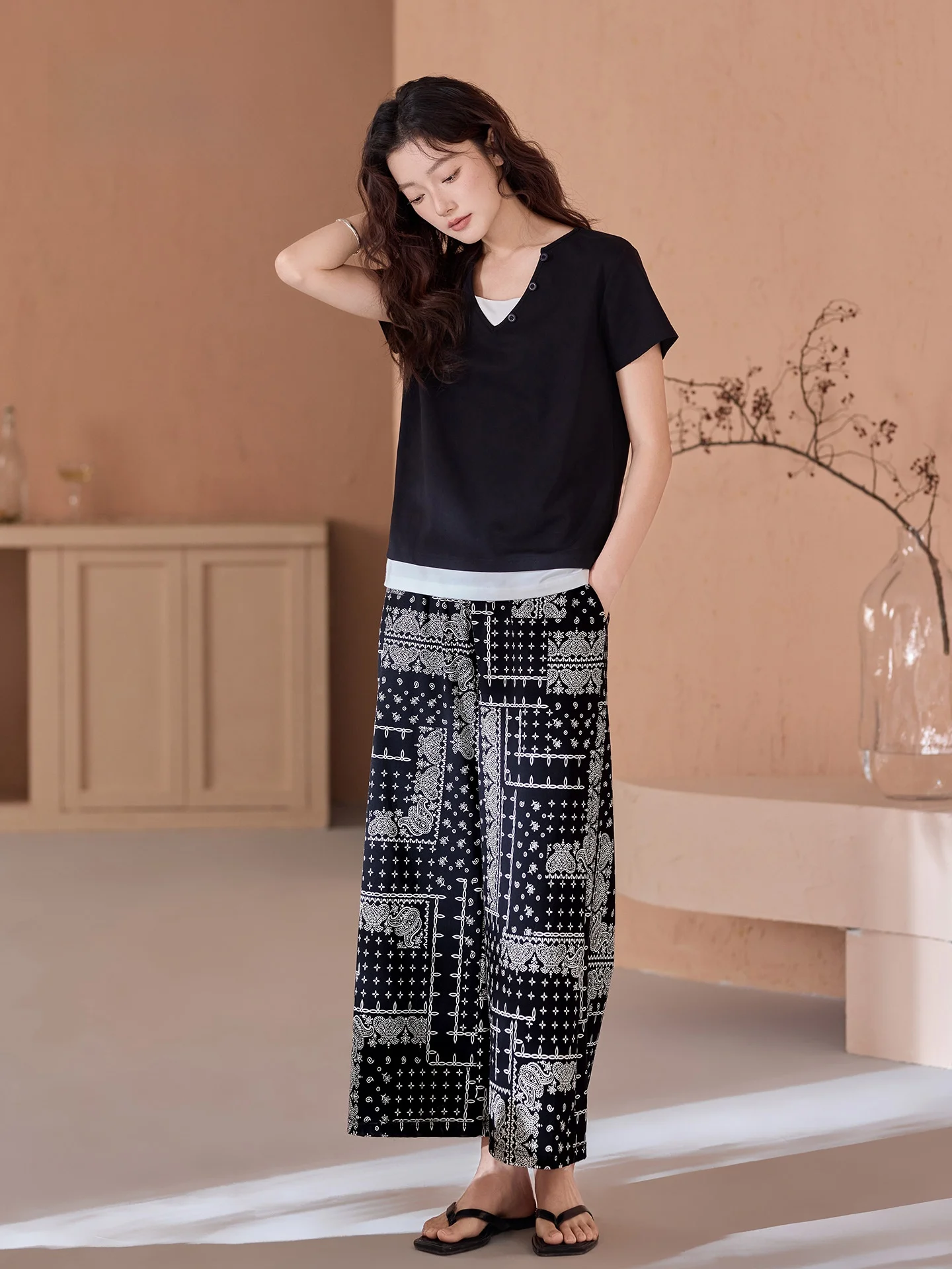 hua-xiao-color-belted-sleepwear-set-women's-summer-modal-cotton-short-sleeve-long-pants-black-outfit-home-clothes-slimming-kit