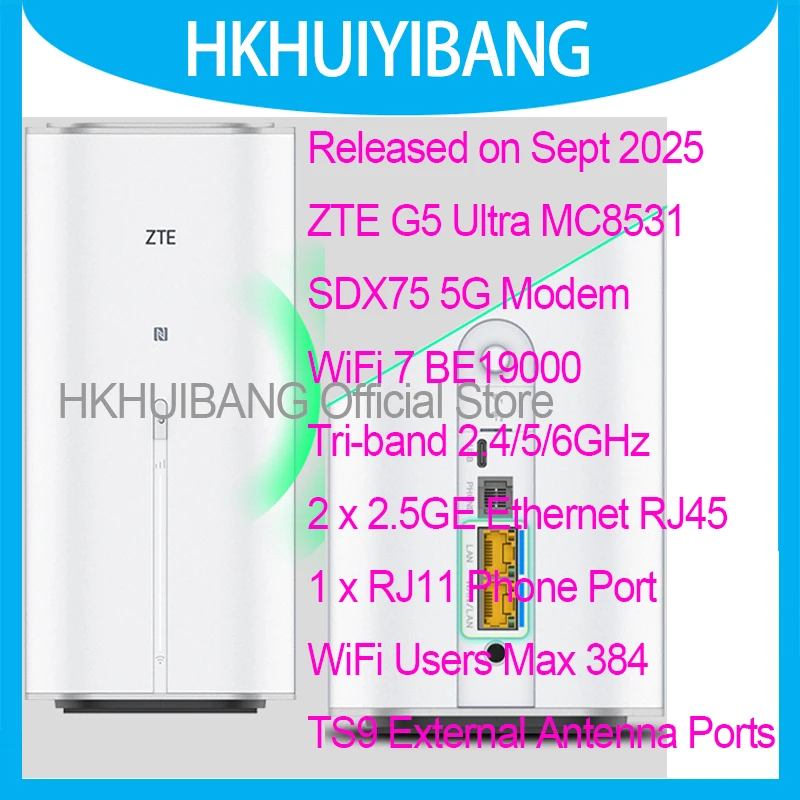 مقفلة 5G CPE ZTE G5 Ultra MC8531 Dual 2.5GE RJ45 Ports WiFi 7 Router BE19000 ثلاثي الموجات 6 جيجا هرتز 5 جيجا 4 جرام LTE بطاقة Sim مودم لاسلكي