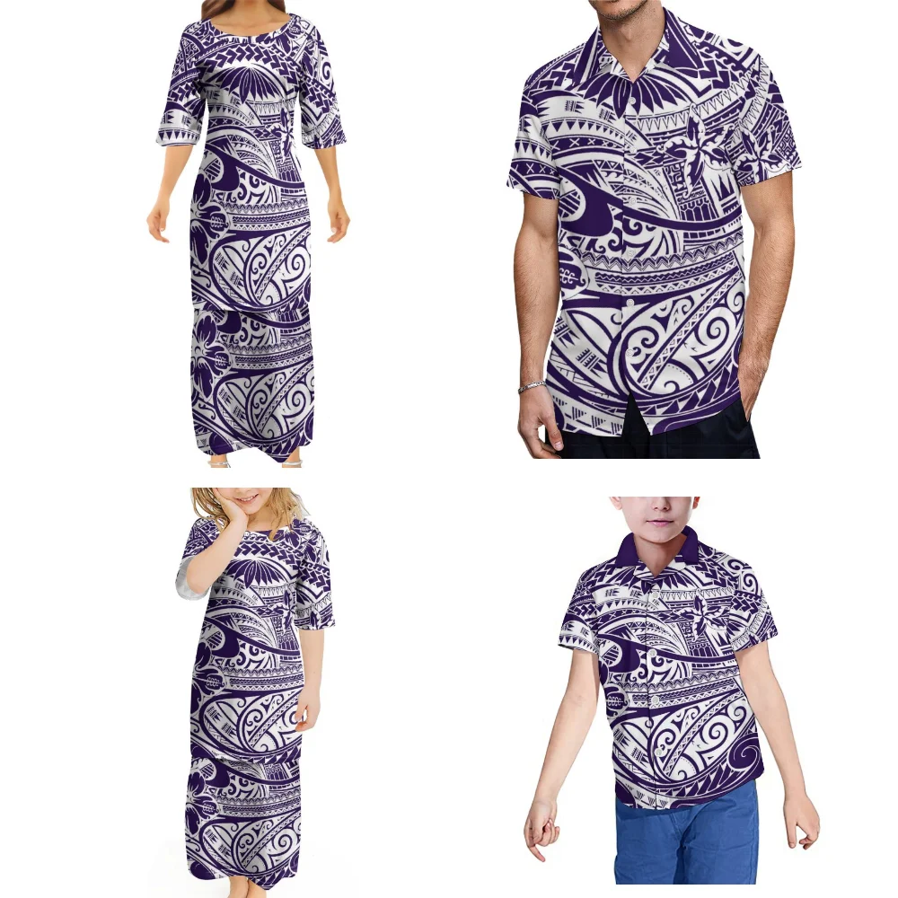 

Family Matching Clothing Ethnic Print Pattern Custom Design Polynesian Puletasi Printed Family Dress Shirt Matching Set