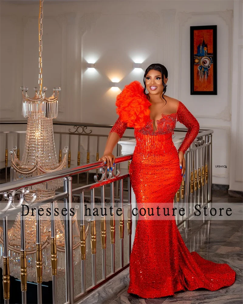 Aso Sbi Hot Orange African Lace Beaded Mermaid Evening Dresses Ruffles Long Sleeves Crystals Luxury Formal Party Dresses 2024