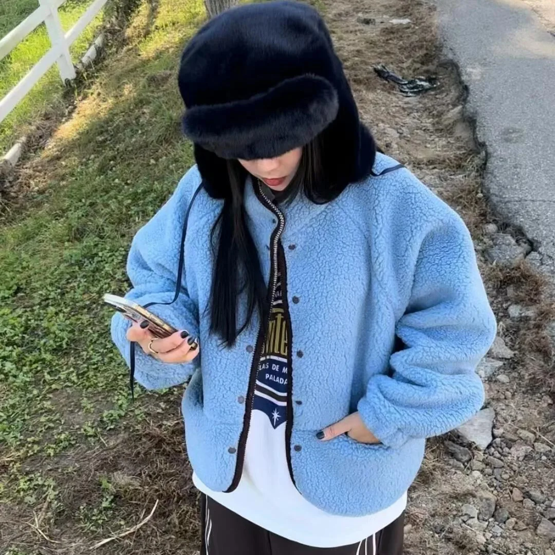 2025 Winter Polar Fleece Jacket Solid Color Thick Warm Short Casual Women's Top