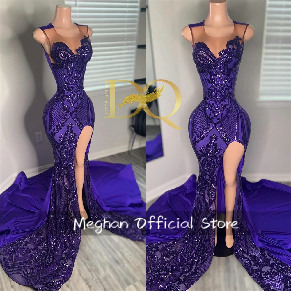 Purple O Neck Long Prom Dresses For Black Girls Sequined 2024 Birthday Luxury Dress Mermaid Evening Gown With High Split