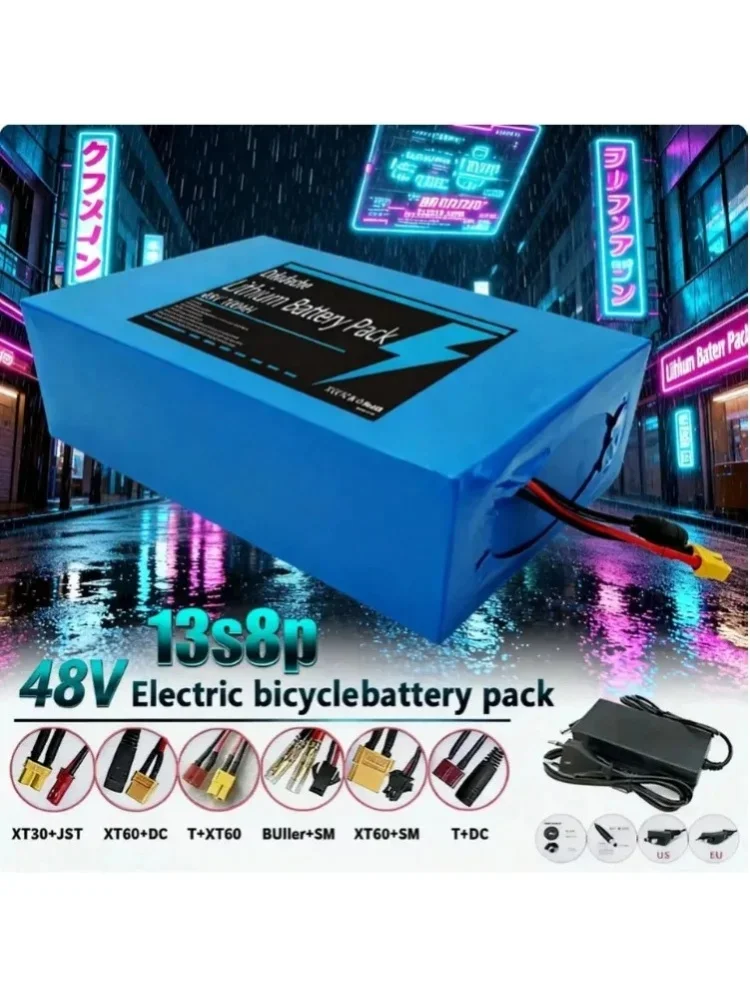 18650 13S8P Lithium-Akku mit 48 V, 1000 Ah, 10000 mAh, große Kapazität, geeignet für 48 V, 250–1500 W, integriertes BMS + 54,6 V, 2 A Ladegerät, BMS