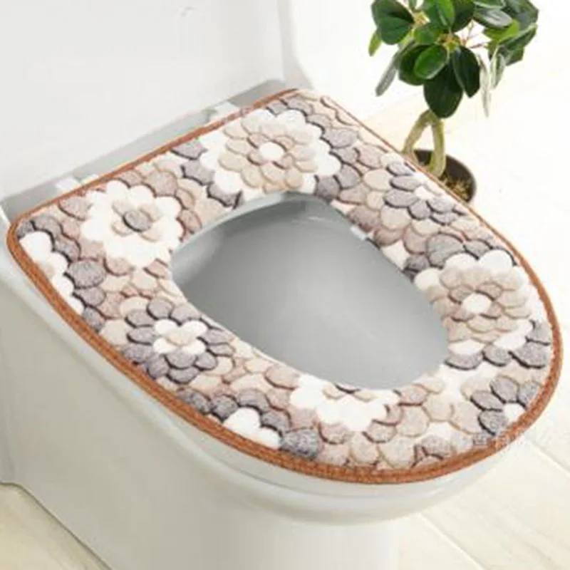 Flower Warm Toilet Cover Seat Lid Top Cover Pad Bathroom Warmer Toilet Seat Bowl Soft Zipper Washable Toilet Seat Cover