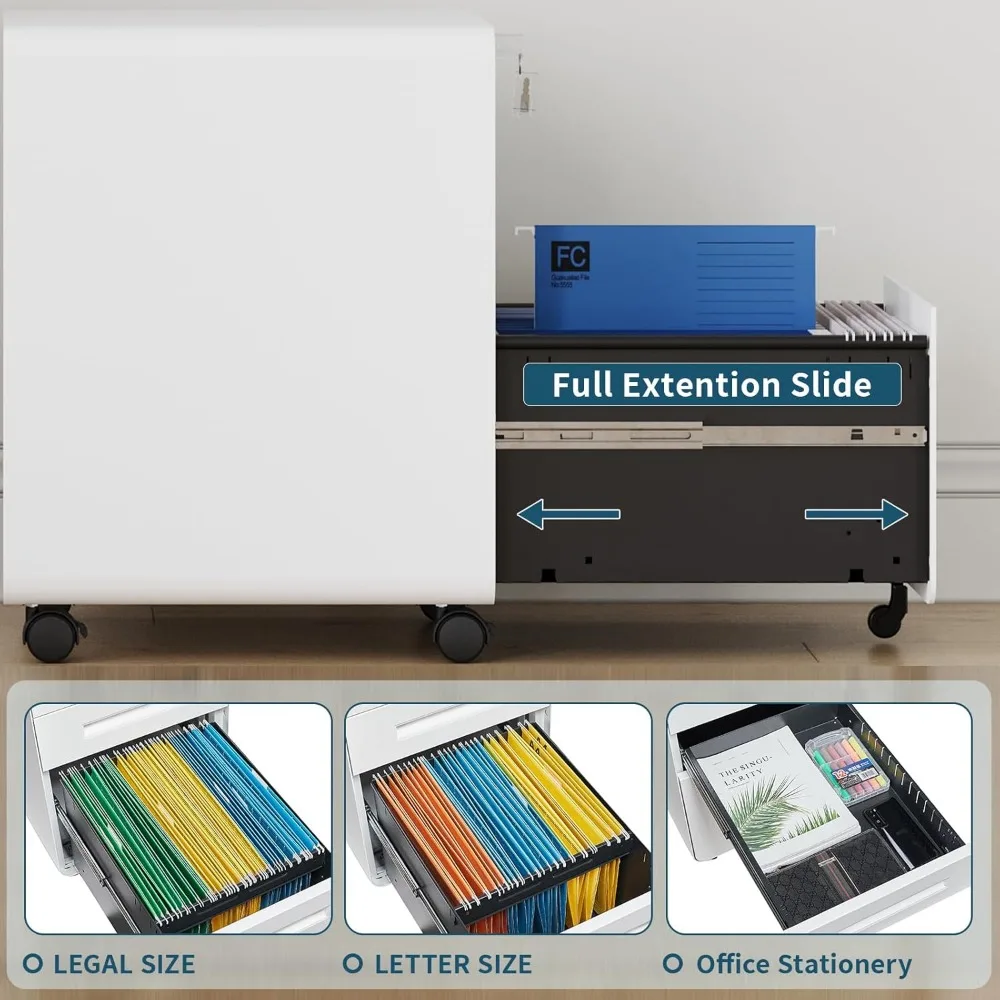 Mobile Filing Cabinet 3 Drawer, Small File Cabinet with Lock Under Desk, Filing Cabinet for Home Office Hanging File Folders