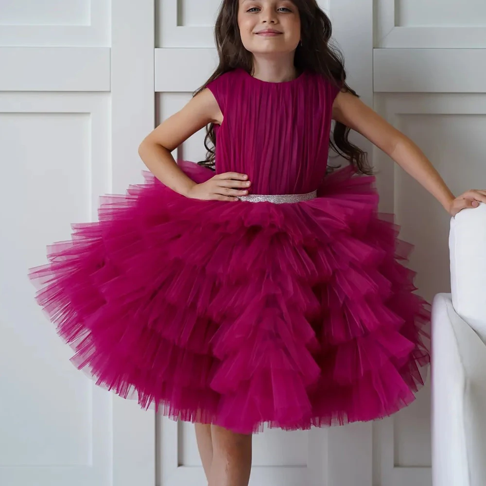 Vestido sin mangas de tul con cuello redondo para niños, Mini vestido con cinturón, vestidos de niña de flores para niños, vestido de fiesta de boda y cumpleaños