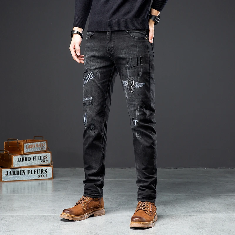 Embroidery Trend Black Jeans Men's Slim Stretch Handsome Menswear 2024 Autumn Street Fashion Skinny Trousers