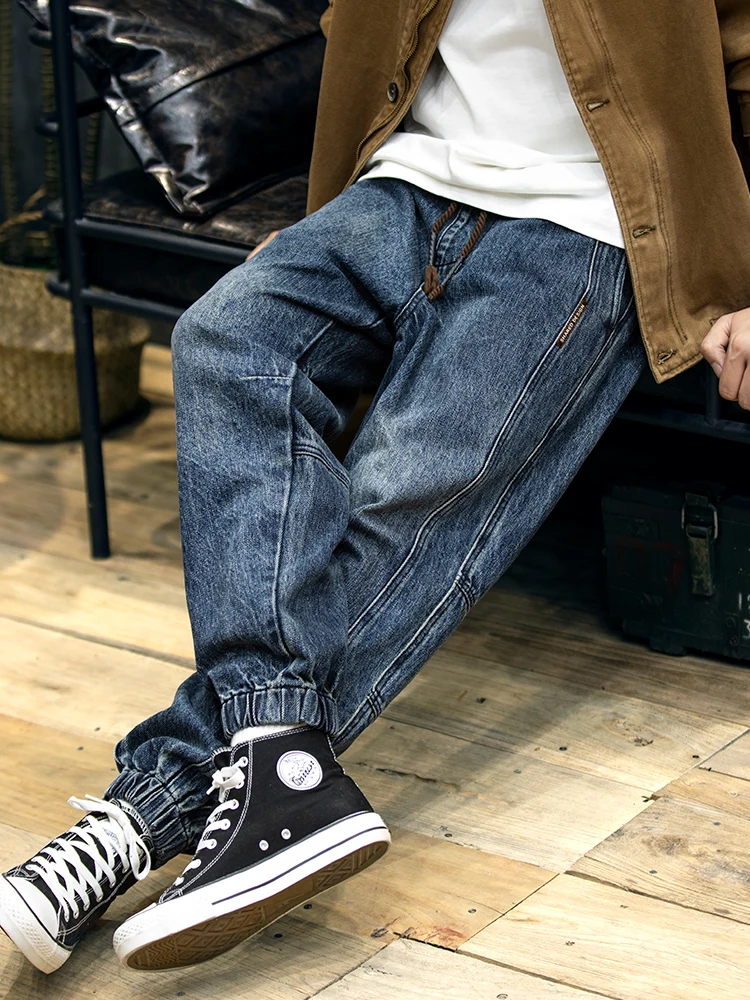 Retro American Denim Jeans Men's Spring Loose Trendy Elastic Waist Cuffed Pants Casual Workwear Cotton Straight Leg Trousers
