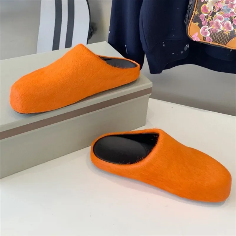 Echt Lederen Bont Slippers Vrouw Luxe Platte Effen Kleur Paardenhaar Ronde Neus Bedekte Neus Schoenen Vrouw Designer Merk Casual Schoenen