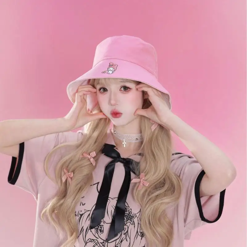 

Japanese Cartoon Hello Kitty New Fisherman Hat Sanrio Kawaii Cinnamoroll Kuromi Sun Protection Hat for Girls Outdoor Sun Hat