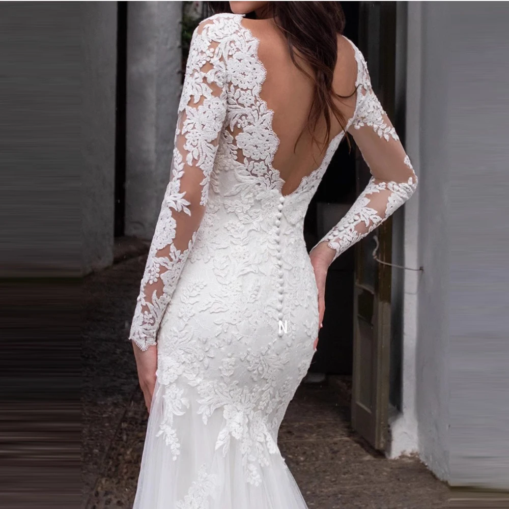 Vestidos De novia franceses con cuello en V, Vestido De sirena De manga larga, Vestido De novia elegante con apliques De encaje, Vestido De novia De talla grande