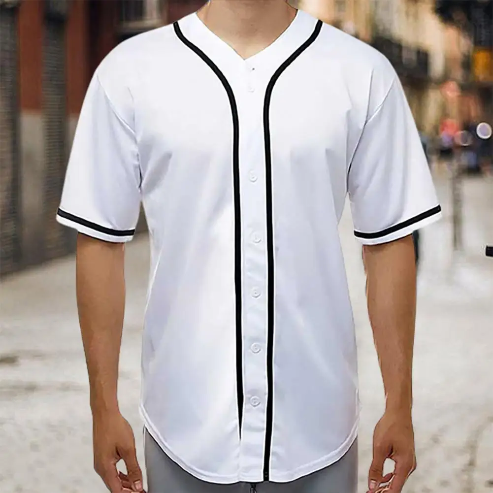 Men Summer T-shirt Pullover Short Sleeves Color Matching Men Top Buttons Single-breasted Loose Mid Length Men Baseball Uniform