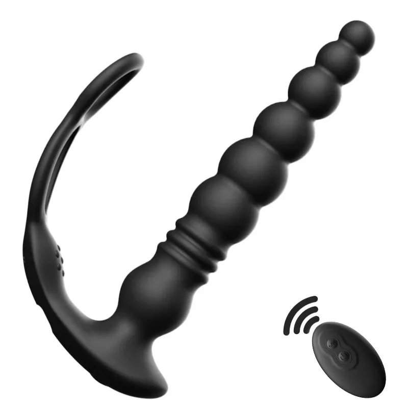 Toy for Men Gay Male Prostate Massager Telescopic Anal Vibrator with Penis Ring Butt Plug Remote Control Wearable Anus Adult Sex