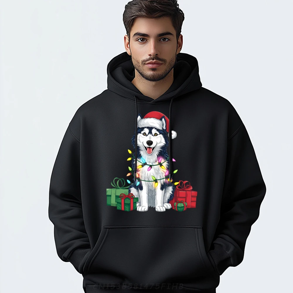 

Xmas Lighting Santa Hat Alaskan Husky Dog Christmas Graphic Sweatshirts Men Polyester Fiber Youth Oversized Hoodies Punk Style