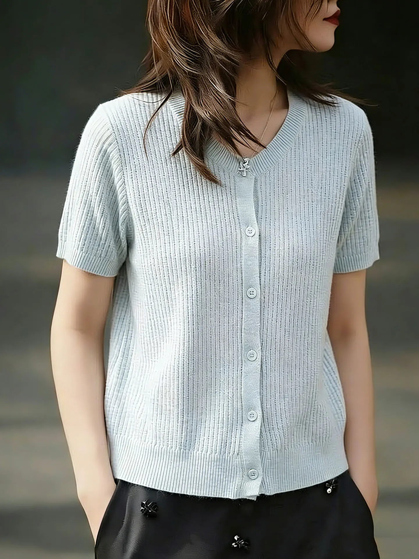 

Ele Pure Color Single Button ort Sve Knitwear Korean Sle Versatile Top Spring Summer Faion High Quali Ladies' ...