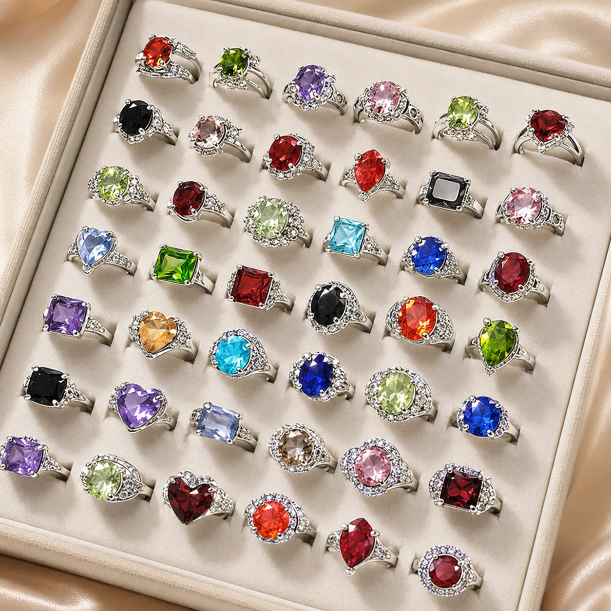 50Pcs Crystal Rhinestone Rings Set Silver Color Fashion Jewelry for Women Wedding Engagement Wholesale PF111