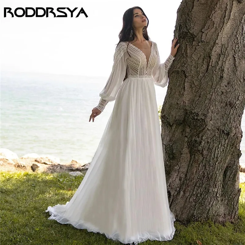 RODDRSYA-Robe de mariée trapèze en mousseline de soie pour femme, élégante robe de patients en dentelle, sur mesure, manches bouffantes, style bohème, 2024 Boho A ligne robe de mariée Femme en neige à manches lâches ve