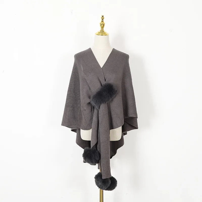 Imitation Wool Ball Hanging Cardigan Autumn Winter Women's Coat Fashion Street Shawl Poncho Lady Capes Gray Cloaks