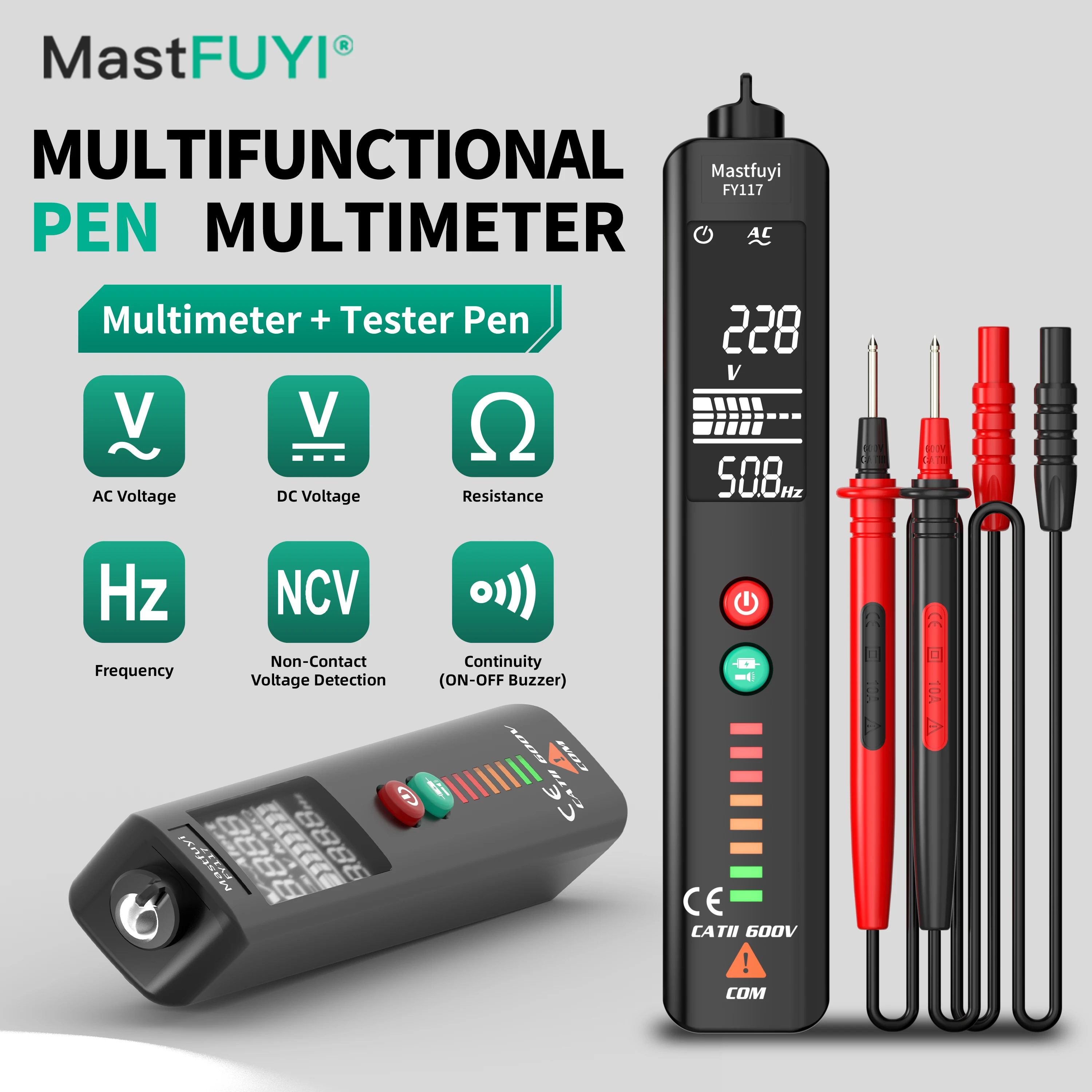 MASTFUYI Pen-Type Digital Multimeter & NCV Detector - Auto-Ranging AC/DC Voltage/Resistance/Frequency Tester with Flashlight