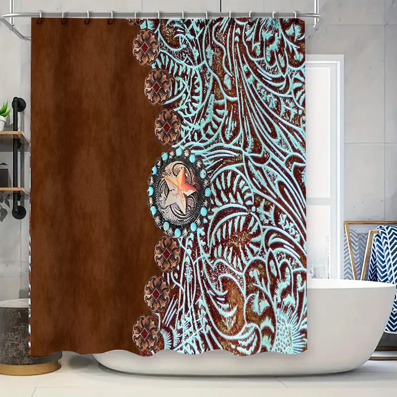 Rustic Western Shower Curtain Teal Turquoise Southwestern Cowgirl Farmhouse Bathroom Decor Vintage Floral Print Backdrop
