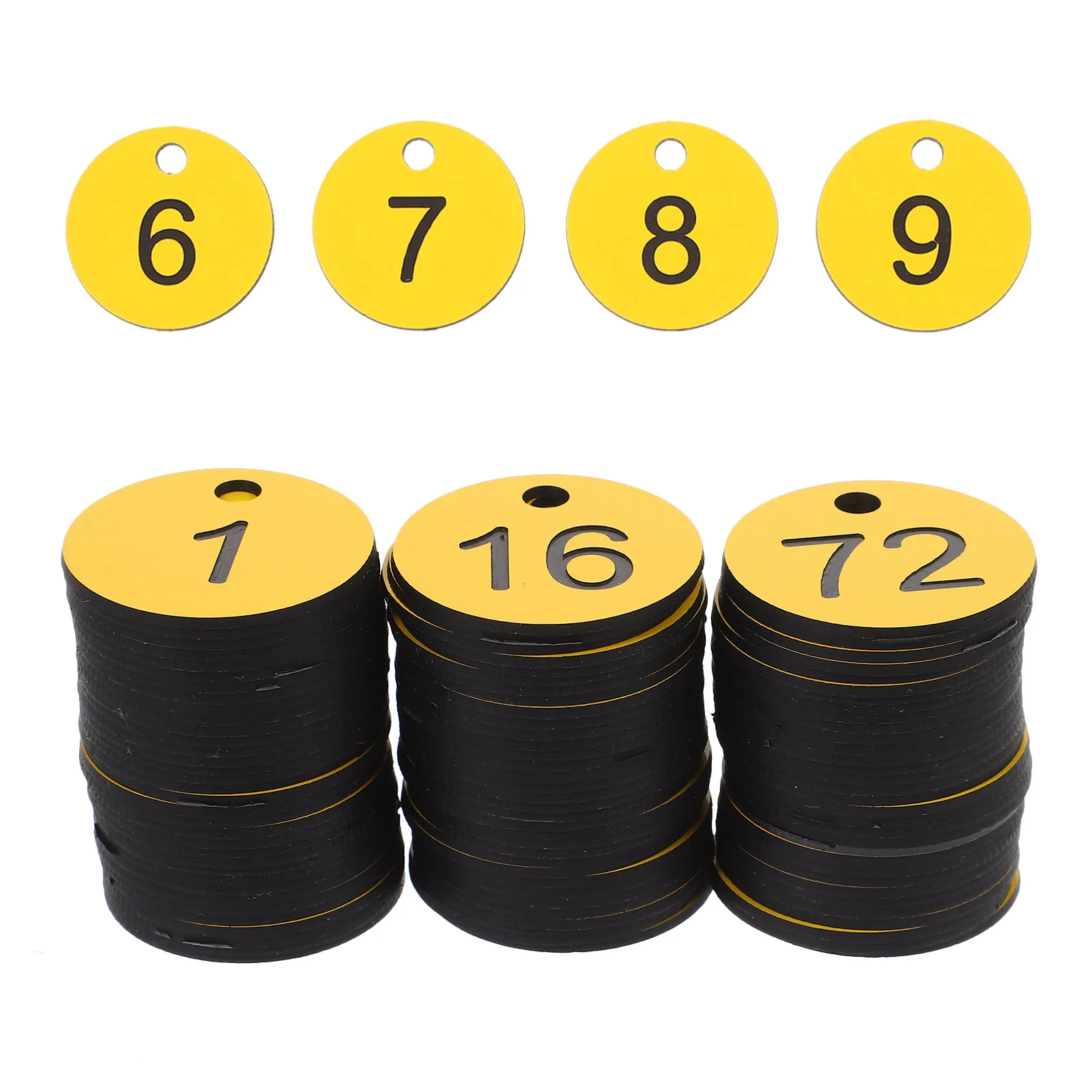 

100pcs Circular Plastic Labels Yellow Id Numbered Signs Keychain Tags for Gym Hotels Schools Storage Organization