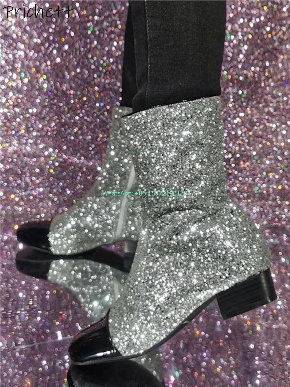 

Black Bling Silvery Mid Calf Boots Round Toe Chunky Heels Slip On Leisure Shoes Fashion Women's Street Photo Shiny Shoes