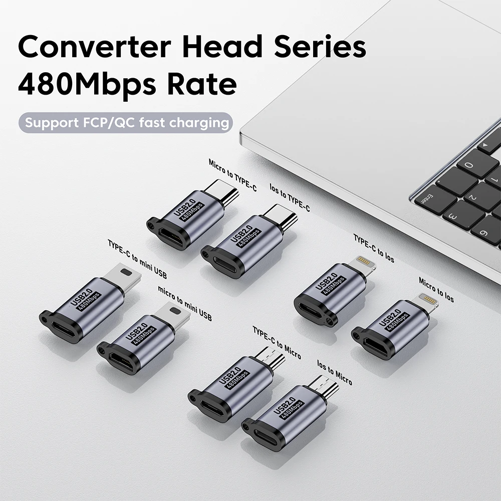 Adaptador Micro USB a tipo C, Conector de carga de datos rápida de 480Mbps, Mini USB a USB C, adaptador Lightning para iphone y Android