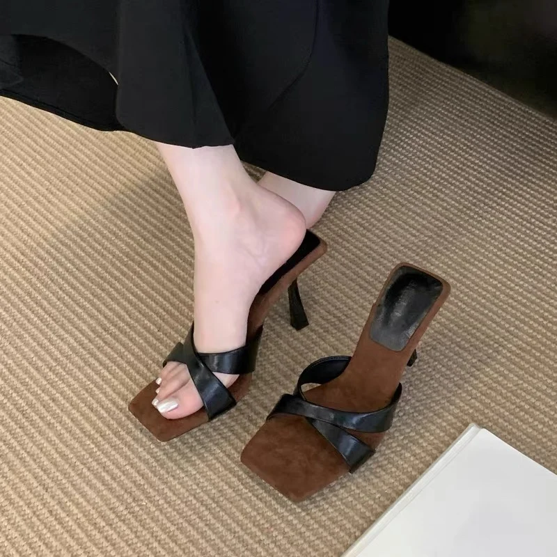 

New Style Fashion Women's High Heels Sandal Square Head Cross Strap One Line Thin Heel Suitable Wearing Outdoor Zapatos Mujer