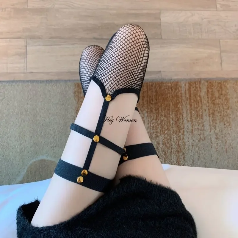 Sexy Black Punk Riveted Knee Socks Female Hollowed Out Mesh Fishing Net Sock for Women Thigh Long Tube Stockings Hosiery