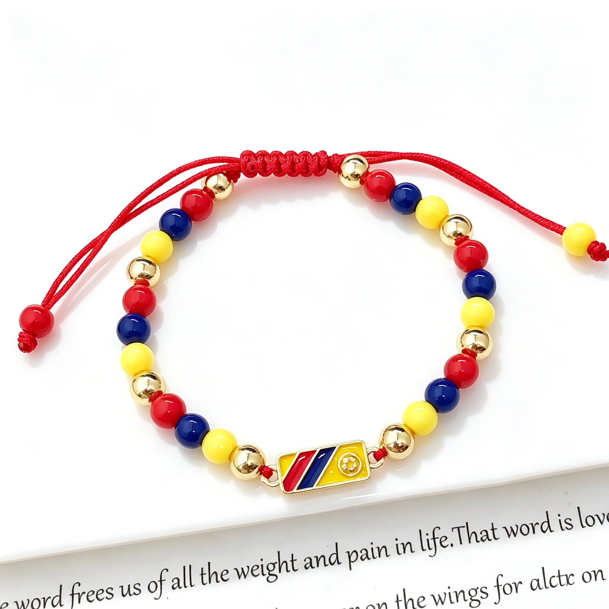 Yellow Blue Red Beads Braided Lucky Red Cord-Venezuela Colombia Flag Bracelet Adjustable Patriotic Enamel Jewelry for Men Women