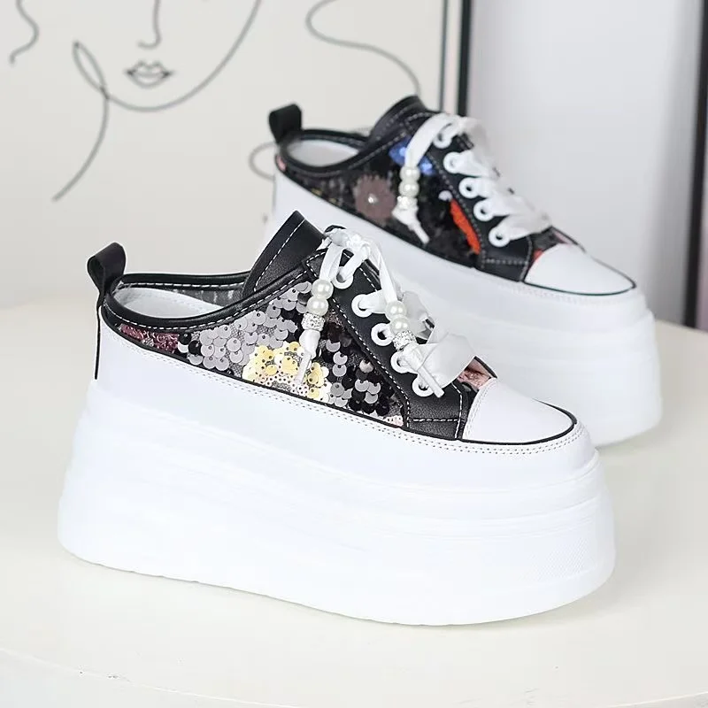 New 12CM Air Mesh Synthetic Genuine Leather Fahion Slippers Chunky Sneakers Comfy Sandals Summer Bling Women Breathable Shoes