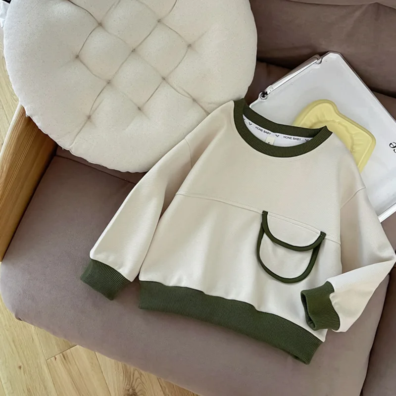 2 To 10 Years , 2024 Autumn Children\'s Sweatshirts For Baby Boys Pullover Sweatshirt Children Clothings Beige Green Top Hoodie