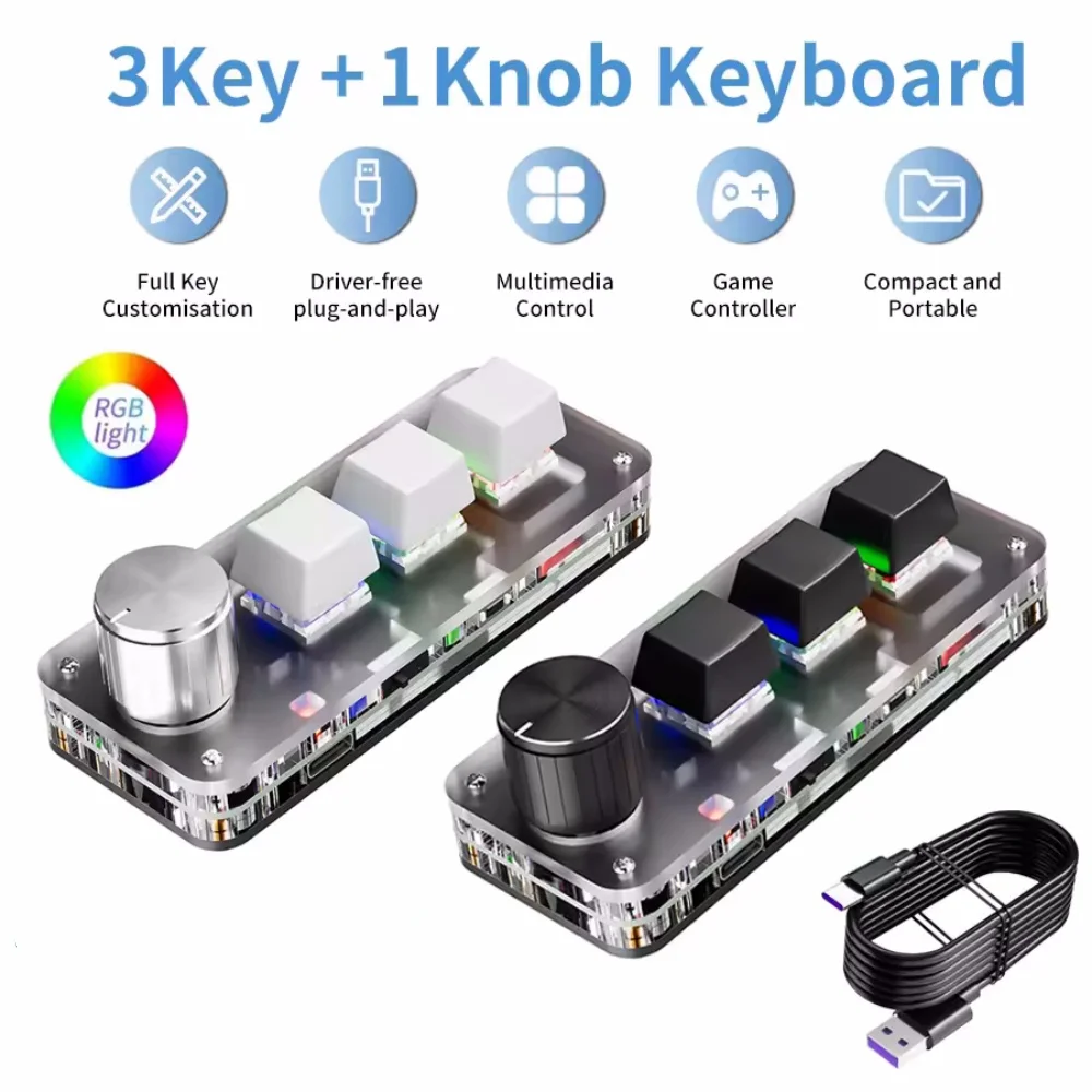 

Mini Keyboard 3 Keys 1 Knob RGB Programming Macro Mechanical Keyboard Gaming Custom Switch Portable Keypad For Photoshop
