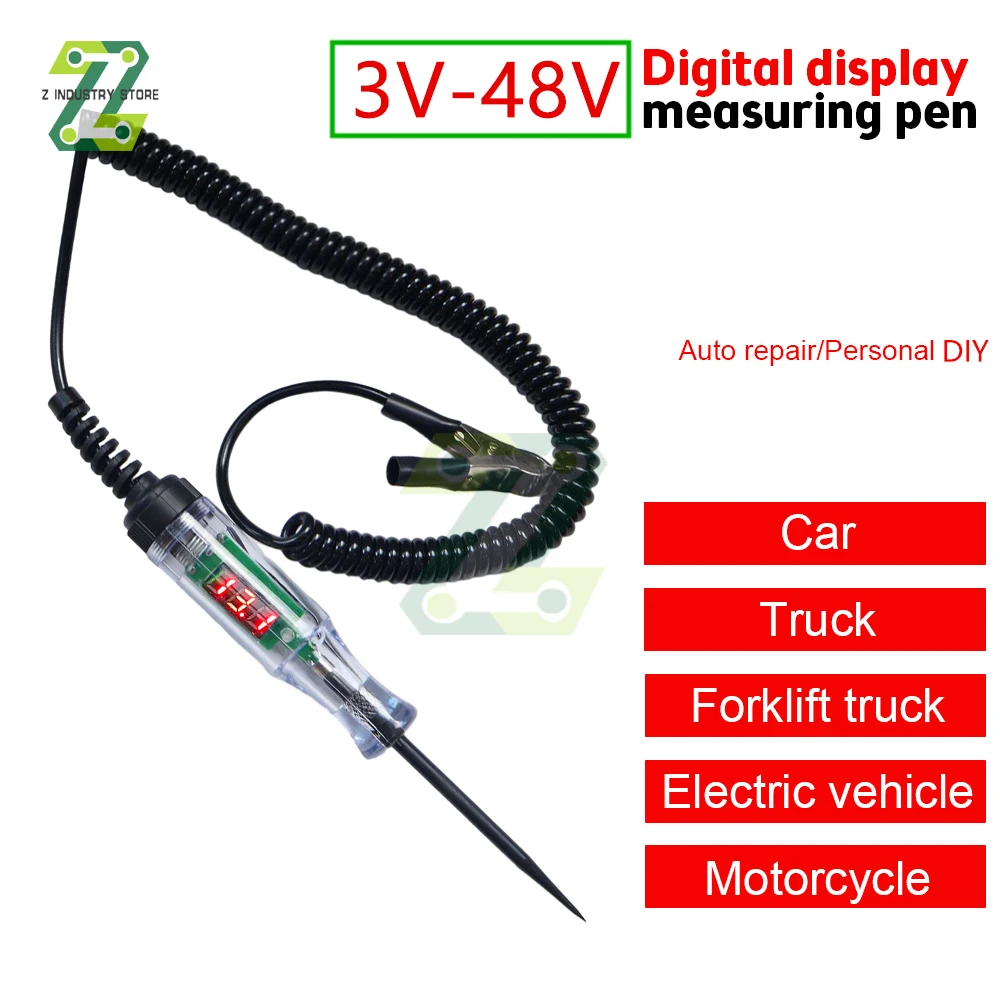 3V-48V Car Truck Voltage Circuit Tester Digital Display Long Probe Pen Light Bulb Automobile Diagnostic Tools Auto Repair