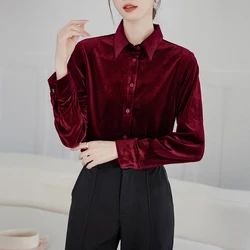 Elegant Autumn Winter Office Lady Basic Tops Vintage Long Sleeve Velour Blouses Women Fashion Turn Down Collar Button Shirts