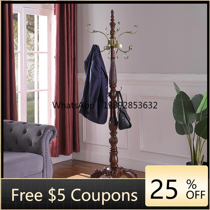 LYY Solid Wood Coat Rack European Style High-End Bedroom Floor Clothes Rack Living Room Garment Carved Clothes Entrance Hall