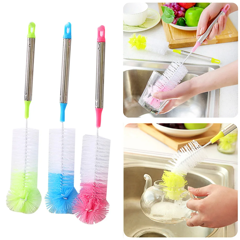 

3pcs Bottle Brushes Long Handle Nylon Stiff Bristles Stainless Steel Handle Wine Carafe Bottle Cleaner Cup Brush Lab