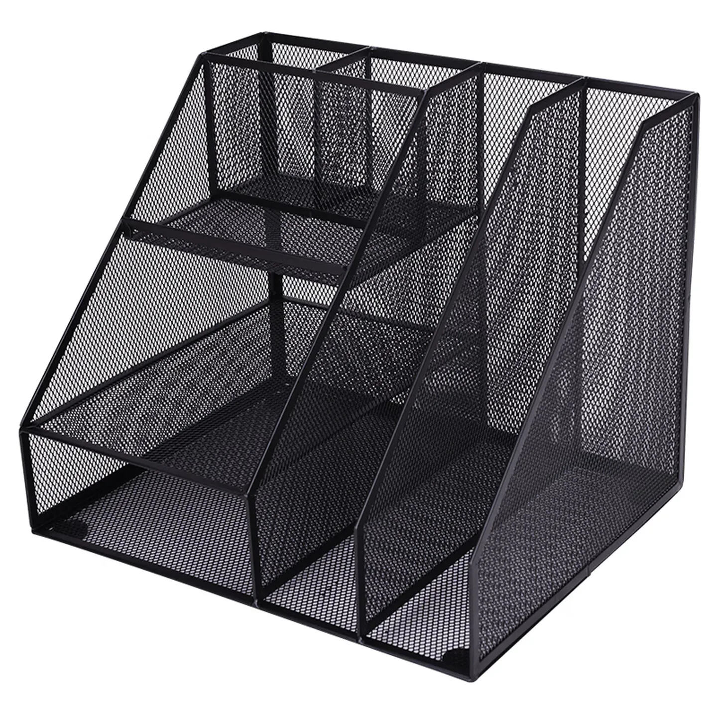 Metal Mesh File Organizer with Pen Holder and Tiered Compartments Black Desktop Document Rack for Neat Office Storage
