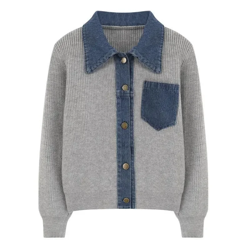 Small Fragrant Knitted Sweater Cardigan Women's Spring Autumn Long Sleeve Design Splicing Denim Jacket Shirt Coat Top Female