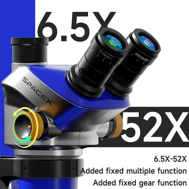 ช่างพื้นที่ X series กล้องจุลทรรศน์สเตอริโอ trinocular 6.5X-52X ต่อเนื่องซูมสําหรับโทรศัพท์มือถือเชื่อม PCB ซ่อมห้องปฏิบัติการ