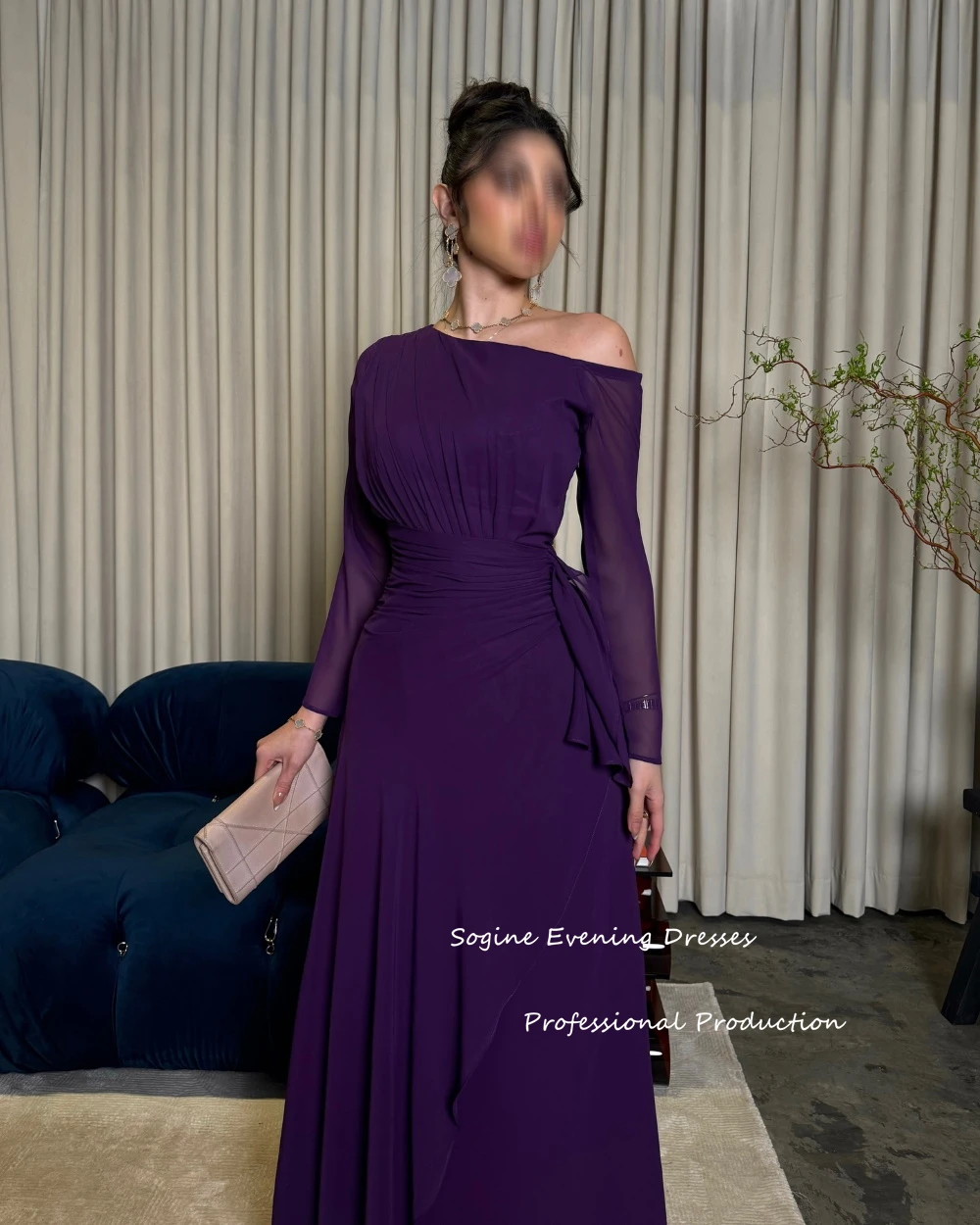High-quality Chiffon Cocktail Party Dresses Off Shoulder Prom Dress Full Sleeves فساتين سهرات with Belt A-line Платье Вечернее