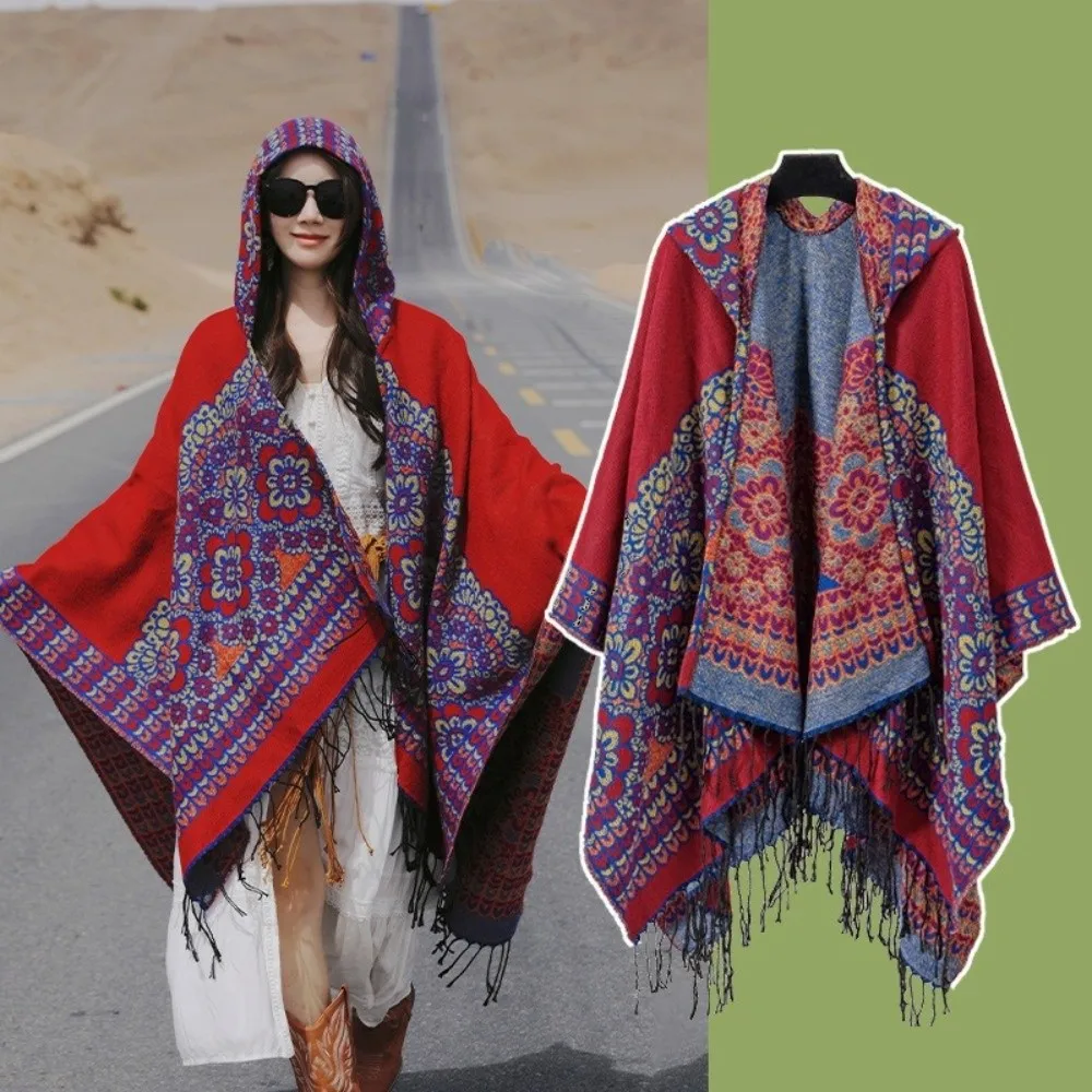 

Новая шаль с капюшоном в этническом стиле, теплая ветрозащитная накидка-пончо, плащ с кисточками, женская шаль