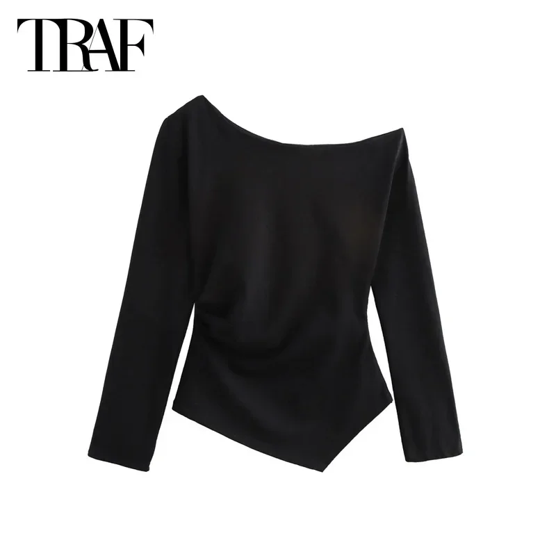 TRAF 2024 Women Top Asymmetrical Pleated Pullovers Autumn Elegant Ladies Khaki Tops Fashion Casual Long Sleeve White Black Tops