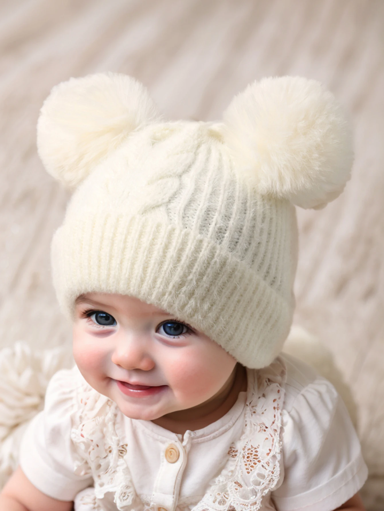 1pc Baby double Pom-Pom Beanie, Cozy Knit Winter Warm Heart Cute Hat For Kids 1-3Y