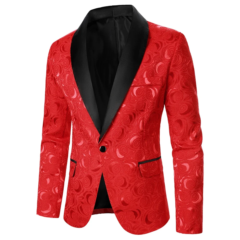 Men Suit Coat Rose Pattern Bright Jacquard Fabric Contrast Color Collar Party Luxury Design Causal Fashion Slim Fit Men Blazer