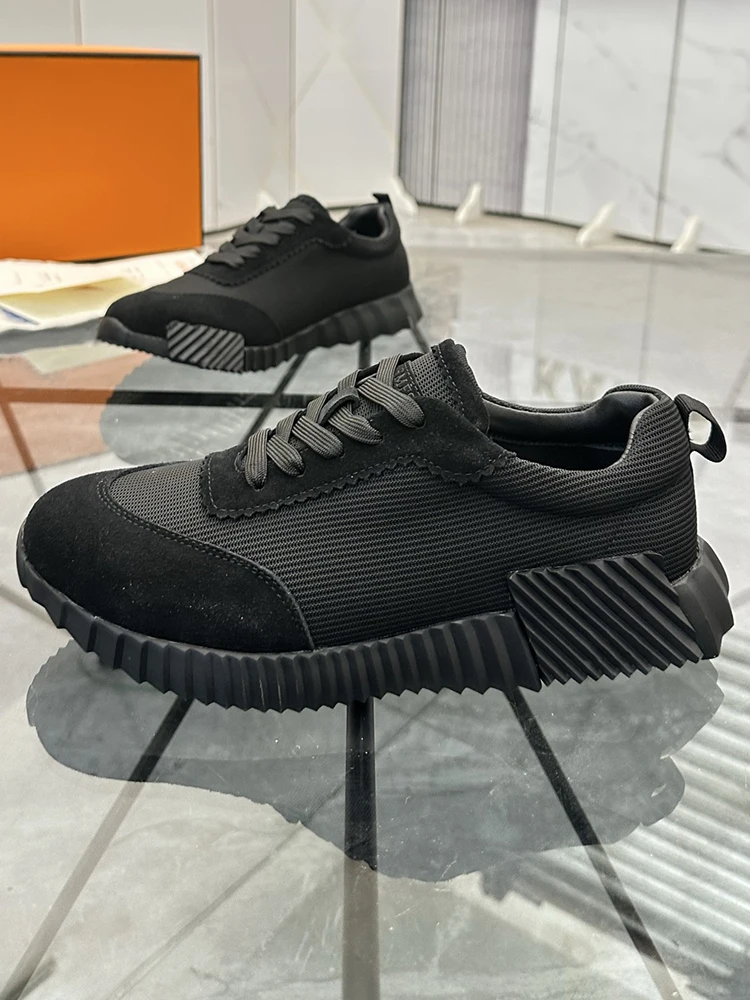 

Spring Autumn Fashion Black Casual Thick Bottom Lace-Up Sports Shoes Men's Round Toe Patchwork Flat Bottom Low-top Shoes