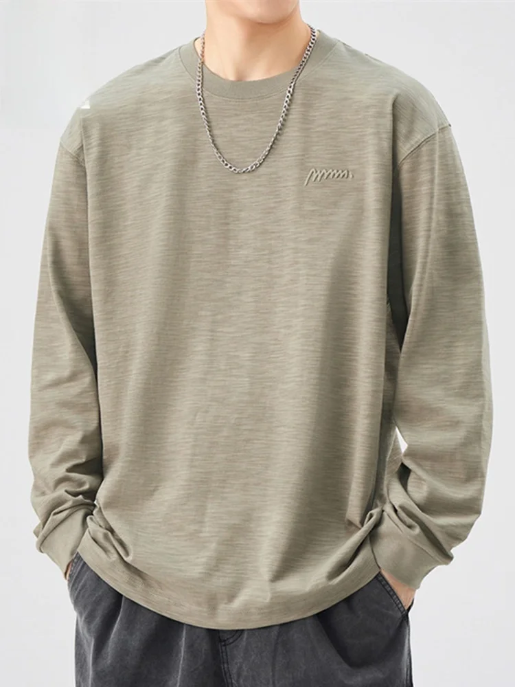

Мужская футболка с длинным рукавом из чистого хлопка, свободного кроя, весенняя модная футболка в американском стиле, молодежная трендовая повседневная футболка