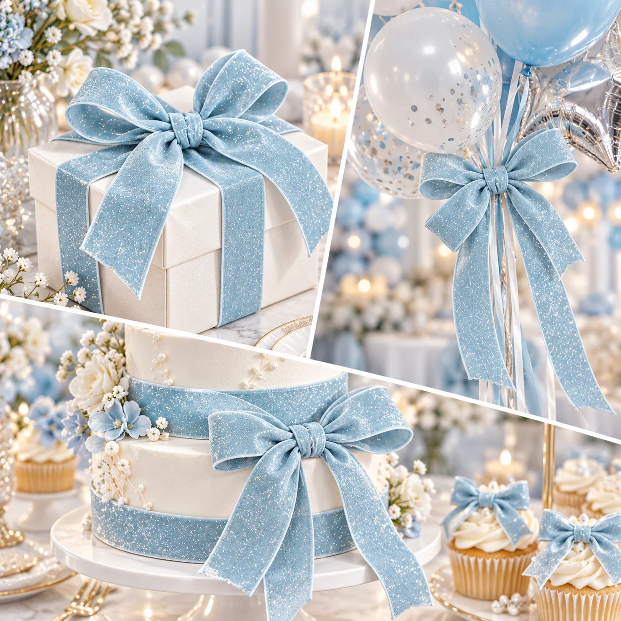 Light Blue Glitter Velvet Ribbon, Sparkly Fabric Ribbon for Gift Wrapping Hair Bow Wedding Christmas Party DIY Craft Decoration